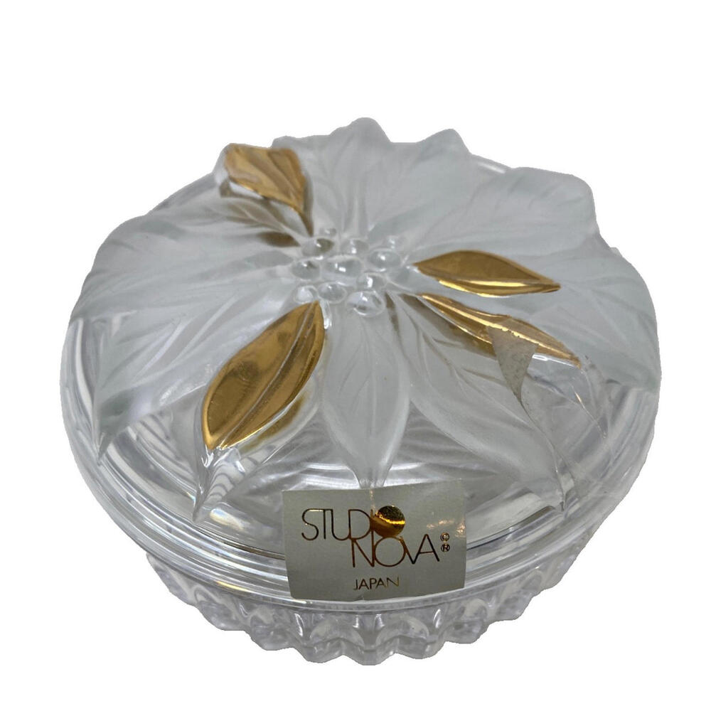 Studio Nova Japan Gilded Poinsettia Round Candy Dish Crystal Frosted and gold